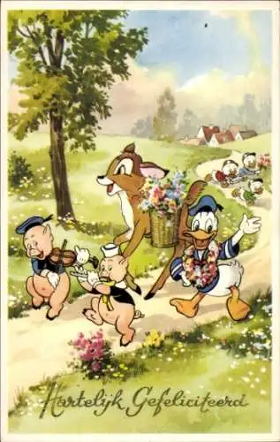Künstler Ak Walt Disney, Donald Duck, Bambi, Tick, Trick, Track, Schweinchen