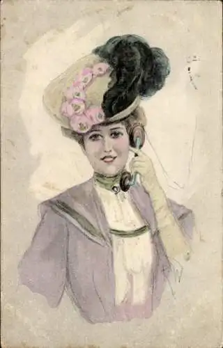 Künstler Ak R. W., Portrait einer Frau, Telefon