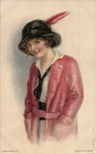 Künstler Ak Junge Frau im roten Mantel, Hut mit Feder