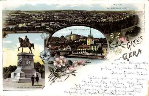 Litho Gera in Thüringen, Schloss Osterstein, Kaiser-Wilhelm-Denkmal, Panorama