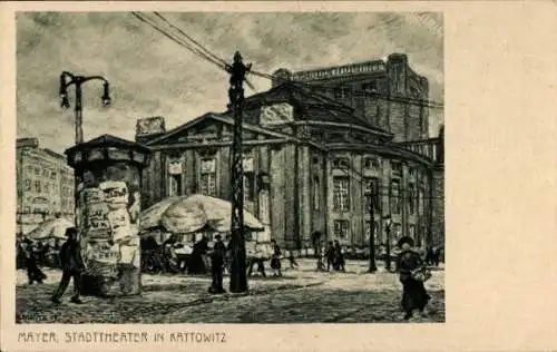 Künstler Ak Mayer, Katowice Kattowitz Schlesien, Stadttheater, Litfaßsäule