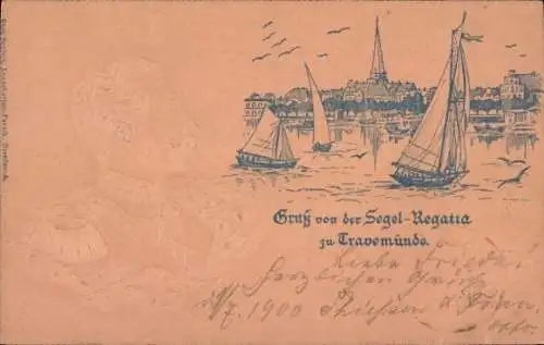 Präge Litho Ostseebad Travemünde Lübeck, Segel-Regatta, Kaiser Wilhelm II.