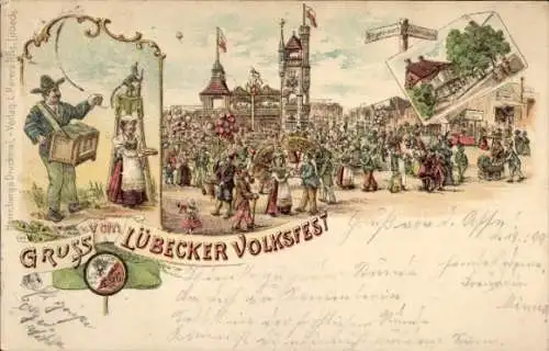 Litho Hansestadt Lübeck, Volksfest, Feiernde Menschen, Tracht