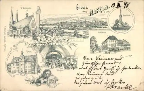 Litho Alfeld an der Leine, Kriegerdenkmal, Rathaus, Kirche