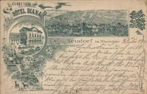 Litho Neudorf Martinsthal Eltville am Rhein Hessen, Gesamtansicht, Hotel Diana