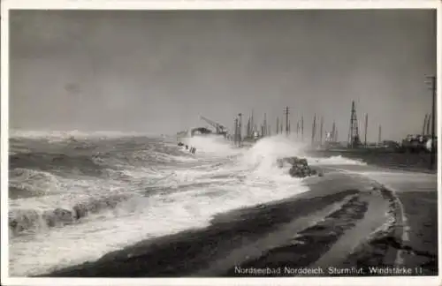 Ak Norddeich Norden Ostfriesland, Sturmflut, Windstärke 11