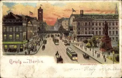 Litho Berlin Mitte, Alexanderplatz, Straßenbahnen, Geschäfte, Taxameter