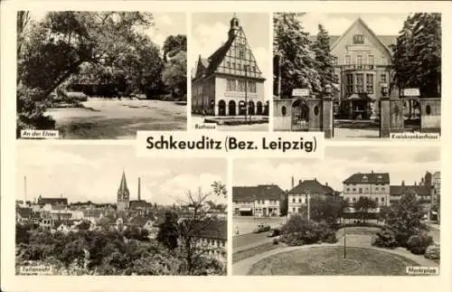 Ak Schkeuditz in Sachsen, Rathaus, Kreiskrankenhaus, Teilansicht, Marktplatz, Elster