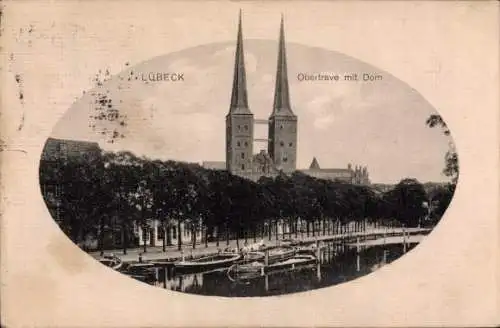 Passepartout Ak Hansestadt Lübeck, Obertrave mit Dom