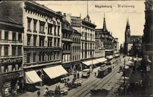 Ak Magdeburg an der Elbe, Breiteweg, Straßenbahn, Geschäft Julius Lange