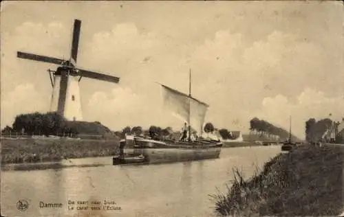 Ak Damme Westflandern, Mühle, Kanal bis zur Schleuse