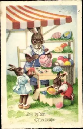 Ak Glückwunsch Ostern, Osterhasen bemalen Eier