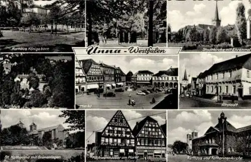 Ak Unna im Ruhrgebiet, Kurhaus, Stadtkirche, Ehrenmal, Rathaus, St. Katharina