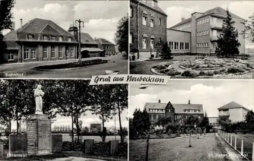 Ak Neubeckum Beckum im Kreis Warendorf, Bahnhof, St. Josef Hospital, Ehrenmal