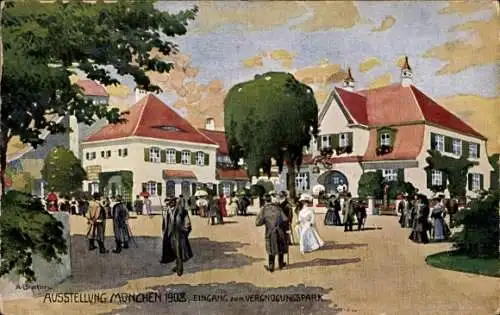 Künstler Litho Bruckner, A., München, Ausstellung 1908, Eingang zum Vergnügungspark