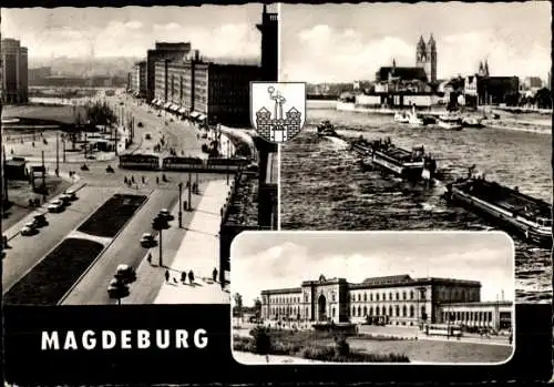 Ak Magdeburg an der Elbe, Wappen, Dom, Hauptbahnhof, Straßenbahn