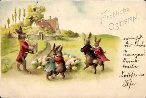 Litho Glückwunsch Ostern, Tanzende Osterhasen, Ostereier