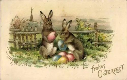 Präge Litho Glückwunsch Ostern, Osterhasen, Ostereier