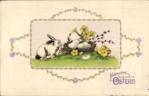 Präge Ak Glückwunsch Ostern, Küken, Ostereier, Osterhase