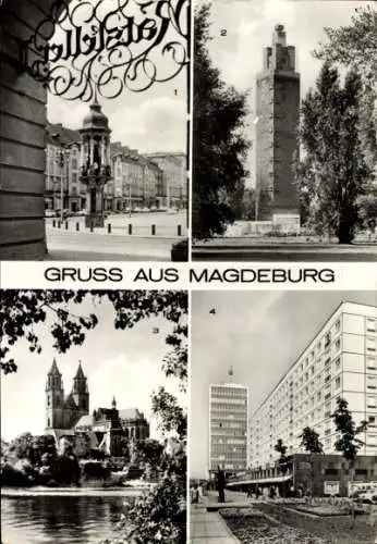 Ak Magdeburg, Blick vom Rathaus, Magdeburger Reiter, Aussichtsturm Rotehorn, Dom, Karl Marx Str.