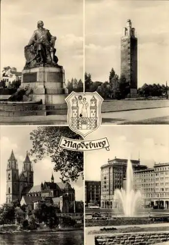 Ak Magdeburg, Aussichtsturm, Wappen, Wilhelm-Pieck-Allee, Dom, Otto-von-Guericke-Denkmal