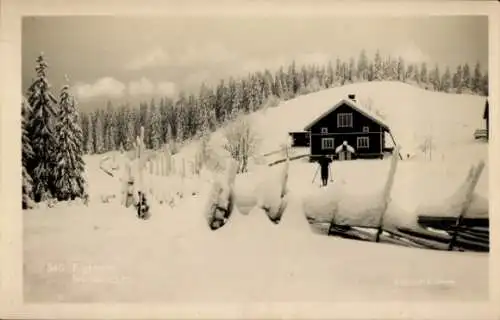 Ak Norwegen, Skihütte im Schnee