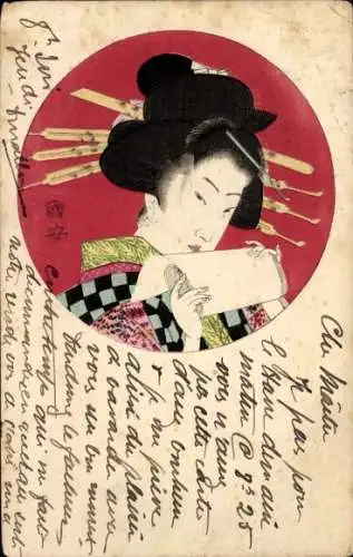 Künstler Ak Japan, Japanerin mit einer Schriftrolle, Steckfrisur, Geisha