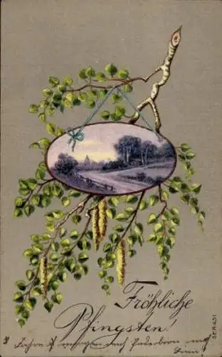 Präge Ak Glückwunsch Pfingsten, Birke, Zweig, Laubblätter