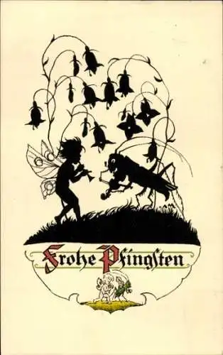 Scherenschnitt Künstler Ak Plischke, G., Glückwunsch Pfingsten, Fee musiziert mit Grashüpfer