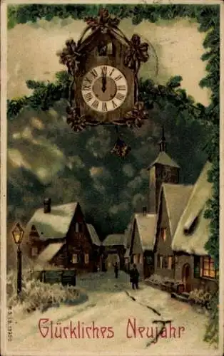 Präge Ak Glückwunsch Neujahr, Uhr, Häuser, Tannenzweige