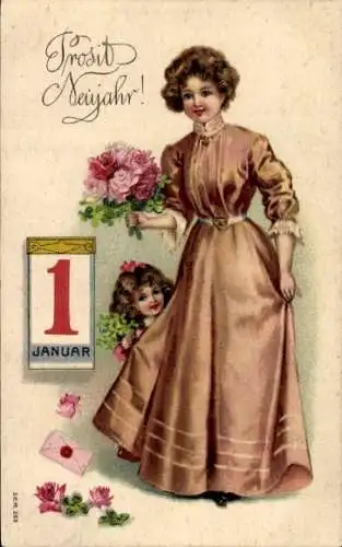 Präge Ak Glückwunsch Neujahr, Frau mit Kind, Kalender, Blumen