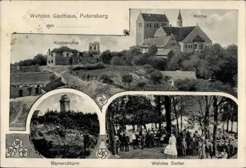 Passepartout Ak Petersberg in Sachsen-Anhalt, Wehdes Gasthaus, Kirche, Bismarckturm, Klosterruine