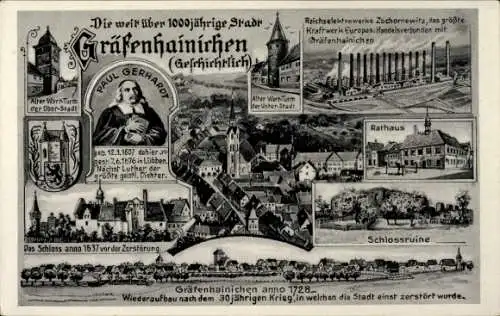 Ak Gräfenhainichen, Paul Gerhardt, Großkraftwerk, Schlossruine, Rathaus, anno 1728
