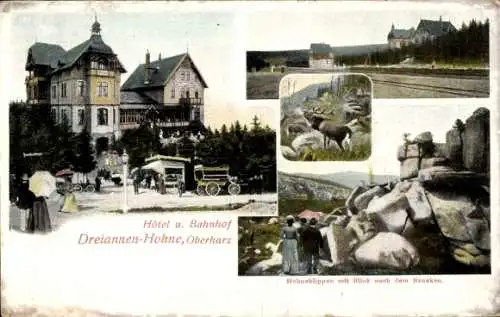 Ak Drei Annen Hohne Wernigerode Harz, Hotel, Bahnhof, Hohneklippen mit Brocken, Kutsche, Hirsch