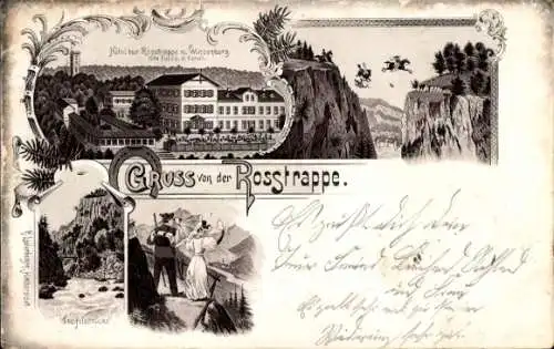 Litho Thale im Harz, Hotel zur Roßtrappe, Winzenburg, Teufelsbrücke, Wanderer, Sprungsage