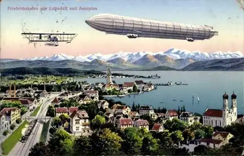 Ak Friedrichshafen am Bodensee, Zeppelin und Flugzeug über der Stadt