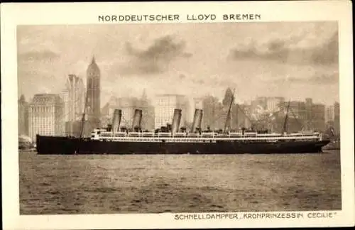 Ak Norddeutscher Lloyd Bremen, Schnelldampfer Kronprinzessin Cecilie vor New York