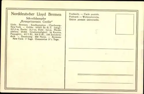 Ak Norddeutscher Lloyd Bremen, Schnelldampfer Kronprinzessin Cecilie vor New York