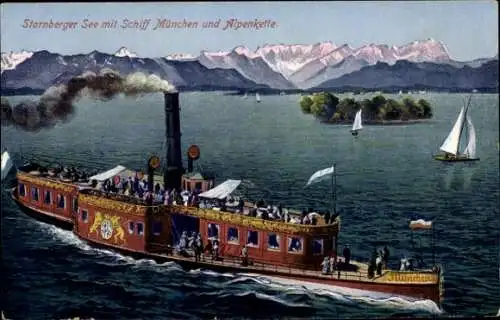 Ak Dampfschiff München auf dem Starnberger See, Alpenkette