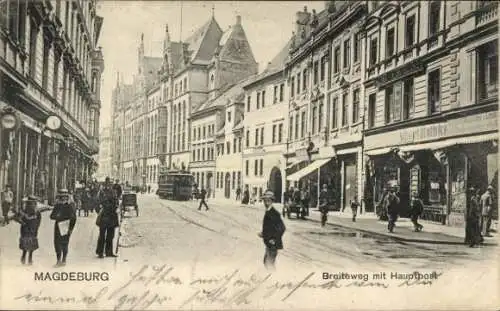 Ak Magdeburg an der Elbe, Breiteweg, Passanten, Straßenbahn, Hauptpost