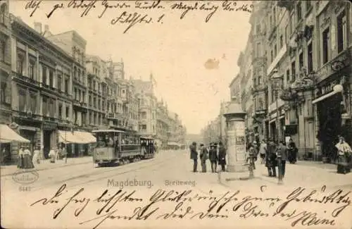 Ak Magdeburg an der Elbe, Breiteweg, Geschäfte, Straßenbahn Nummer 105, Litfaßsäule