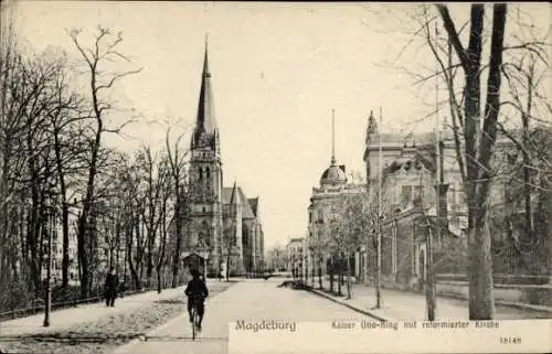 Ak Magdeburg in Sachsen Anhalt, Partie am Kaiser Otto Ring mit Blick auf die reformierte Kirche