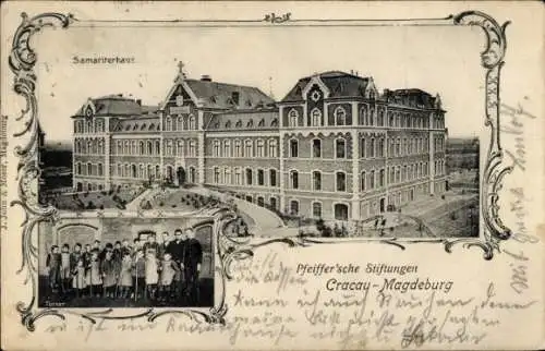 Ak Cracau Magdeburg, Pfeiffersche Stiftungen, Samariterhaus, Gruppenportrait