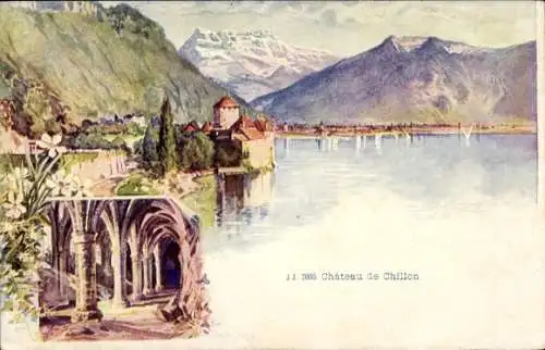 Künstler Ak Chillon Kt. Waadt, Chateau, Seeufer mit Blick auf das Schloss, Säulengang