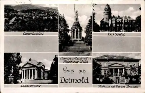 Ak Detmold, Gesamtansicht, Schloss, Hermannsdenkmal, Landestheater, Rathaus, Dononbrunnen