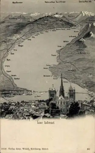 Ak Genf Kanton Schweiz, Lac Leman, Gesamtansicht, Kirche