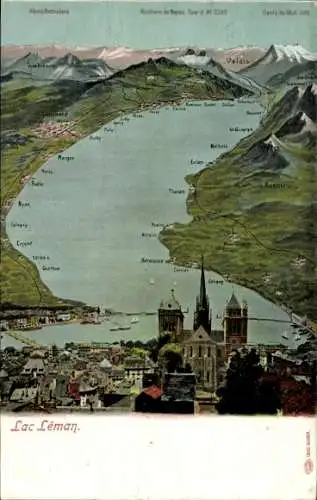 Ak Genf Kanton Schweiz, Lac Leman, Gesamtansicht, Kirche