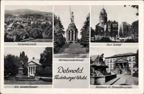 Ak Detmold am Teutoburger Wald, Gesamtansicht, Landestheater, Hermannsdenkmal, Schloss