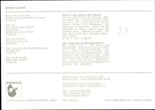 Ak Sänger Bernd Clover, Portrait, Autogramm