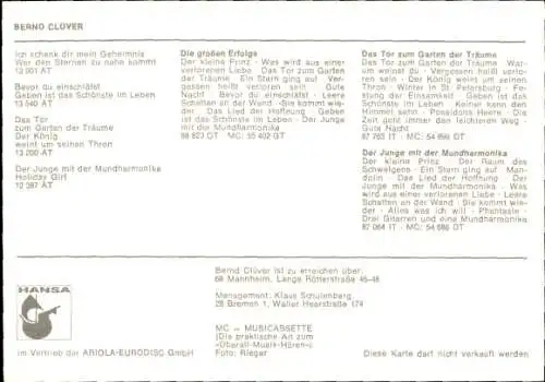 Ak Sänger Bernd Clover, Portrait, Autogramm